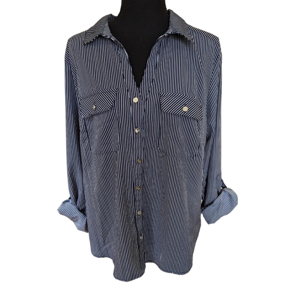 NWT Adrienne Vittadini Striped Button Down with Pockets Sz large